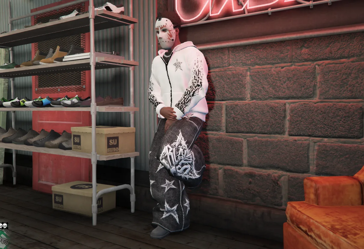 White graphic hoodie and star denim streetwear look